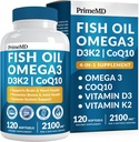 4-en-1 Aceite de pescado Omega 3 Suplementos grasos (2100mg) - Omega 3 Aceite de pescado con vitaminas D3 K2 y CoQ10 - Limón Flavored (120 softgels)