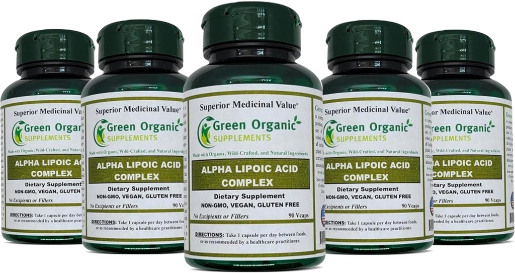 Green Organic Supplements' Alpha Lipoic Acid Complex, ALA, 90 VCaps Alpha Lipoic Acid Capsules (Pack of 5)