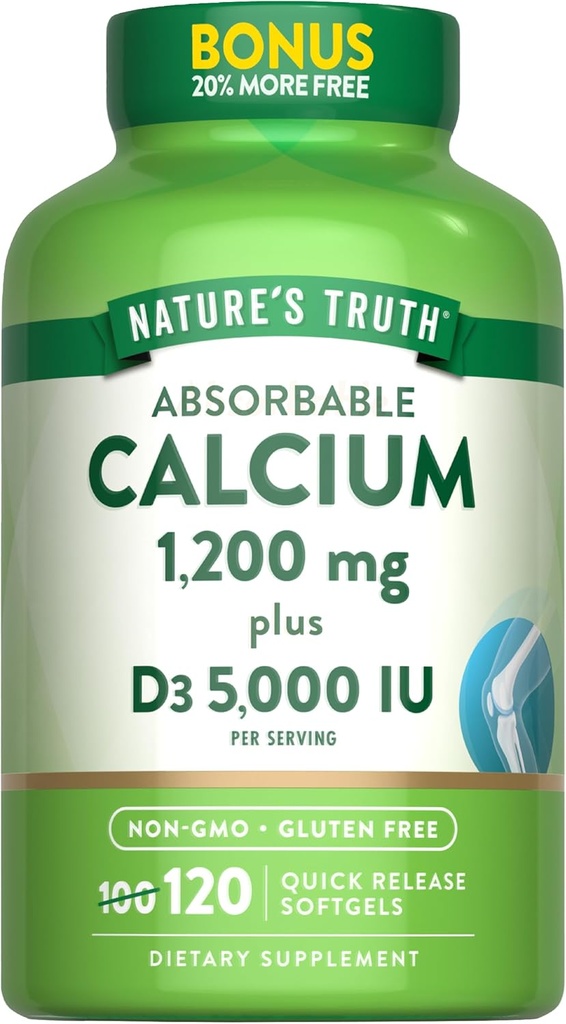 Verdad Absorbable Calcio 1200 mg con vitamina D3 5000 UI Silencio 120 Softgels Silencio Calcio Carbonato Silencio No GMO &amp; Gluten Suplemento Libre