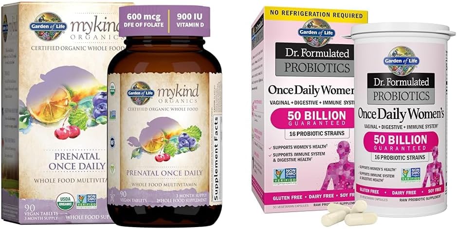 Garden of Life Organics Prenatal Vitamin: Folate for Energy & Healthy Fetal Development, Dr. Formulated Women's Probiotics Once Daily, 16 Strains, 50 Billion, 30 Capsules