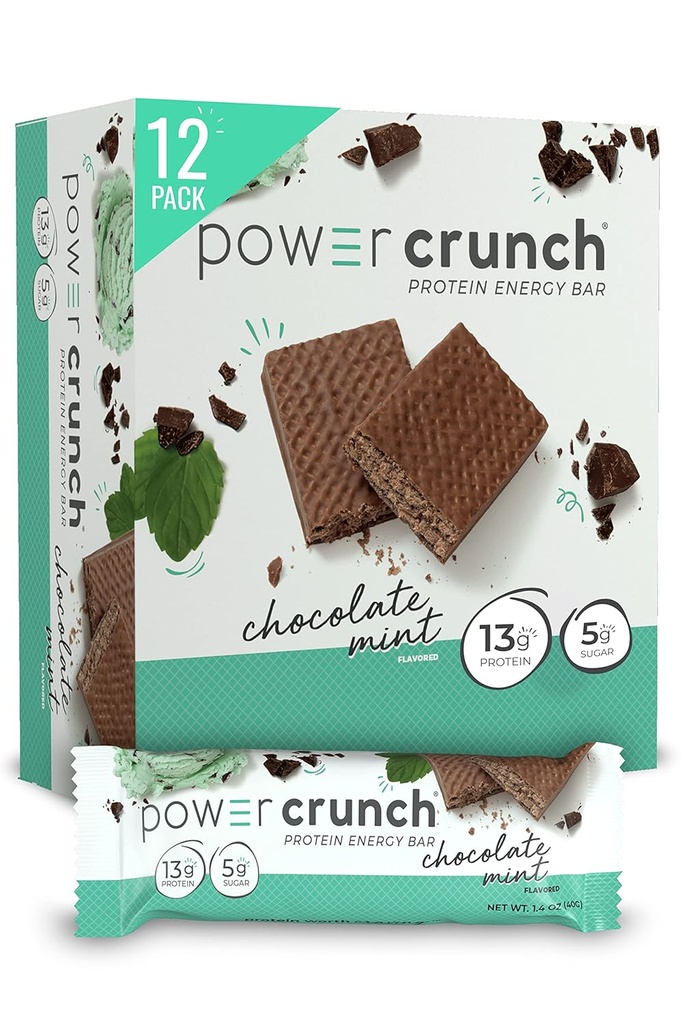 Power Crunch Protein Wafer Bares, High Protein Snacks with Delicious Taste, Chocolate Mint, 1.4 Ounce (12 Conde)