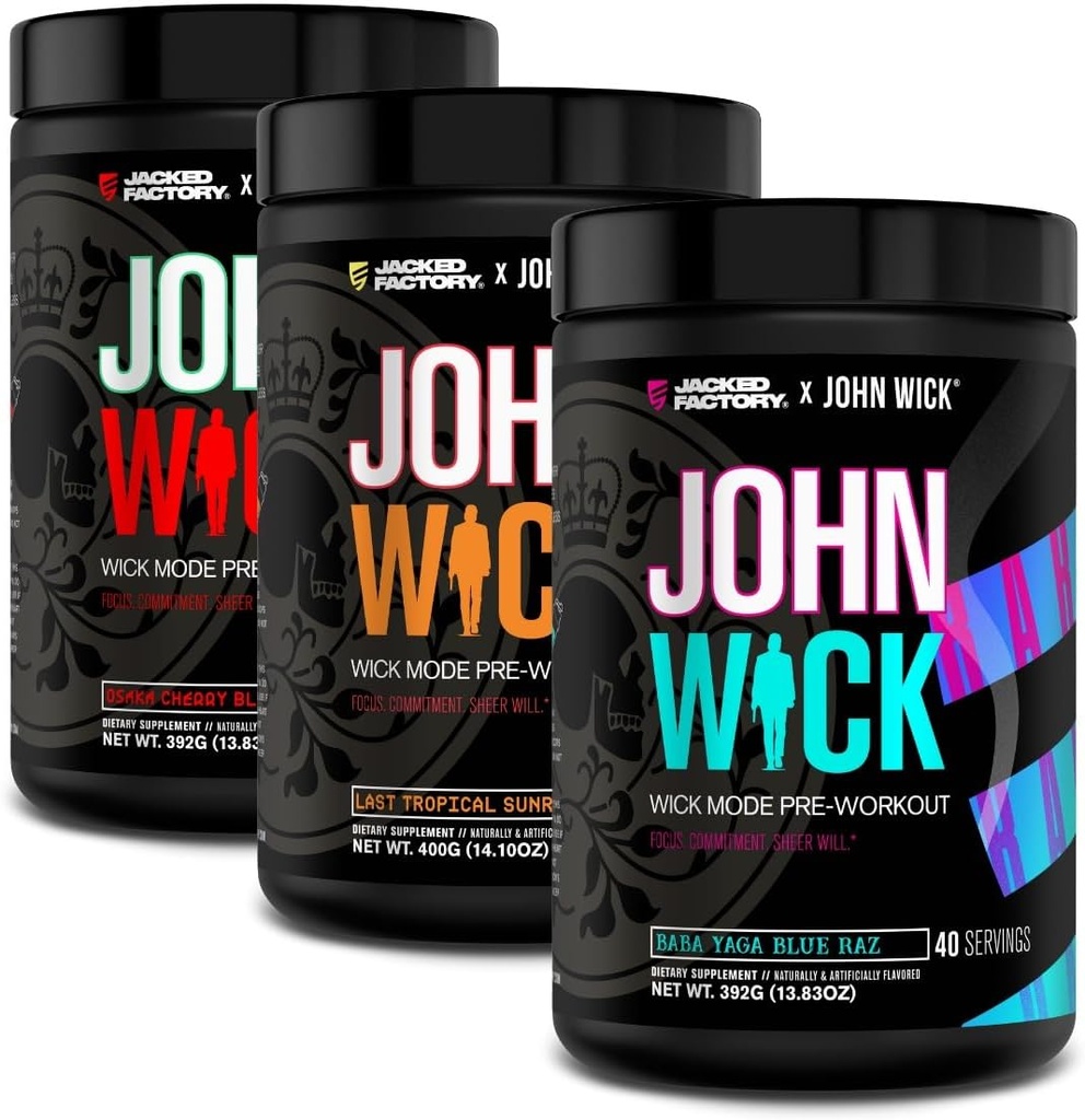 Jacked Factory X John Wick - Wick Mode Pre Workout Powder - Energía intensa, Battle-Ready Focus, Compromiso imparable, y Sheer Will - 120 Servings (3-Pack)