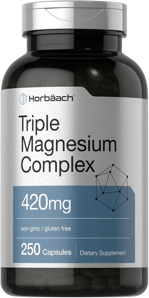 Horbäach Complejo de Magnesio Triple TEN 420 mg ANTE 250 cápsulas TENIDO Fórmula Libre No Gluten y Fórmula Libre Gluten ANTE Oxido de Magnesio, Citrate y Suplemento Dietario Aspartado
