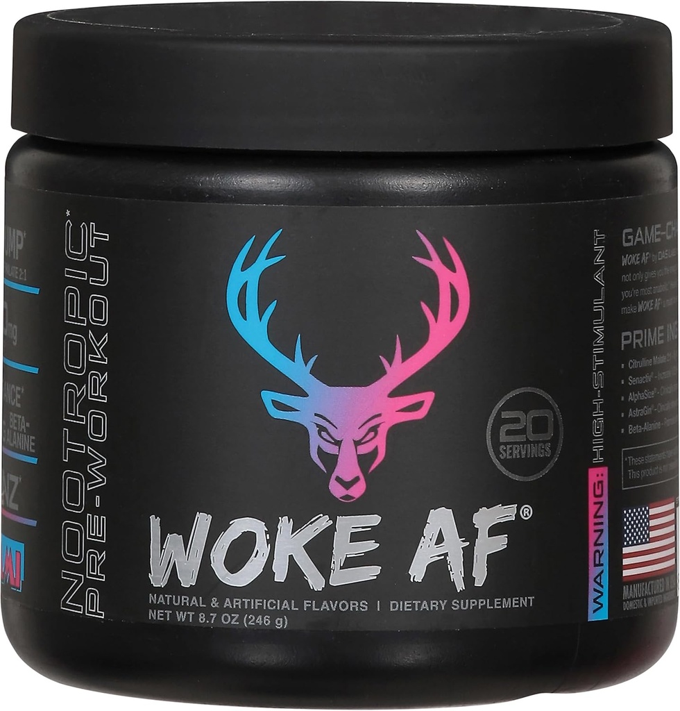 Woke Af abrochado de la pólvora anterior al entrenamiento, aumento de energía, Miami, 333 mg de cafeína, 20 servicios