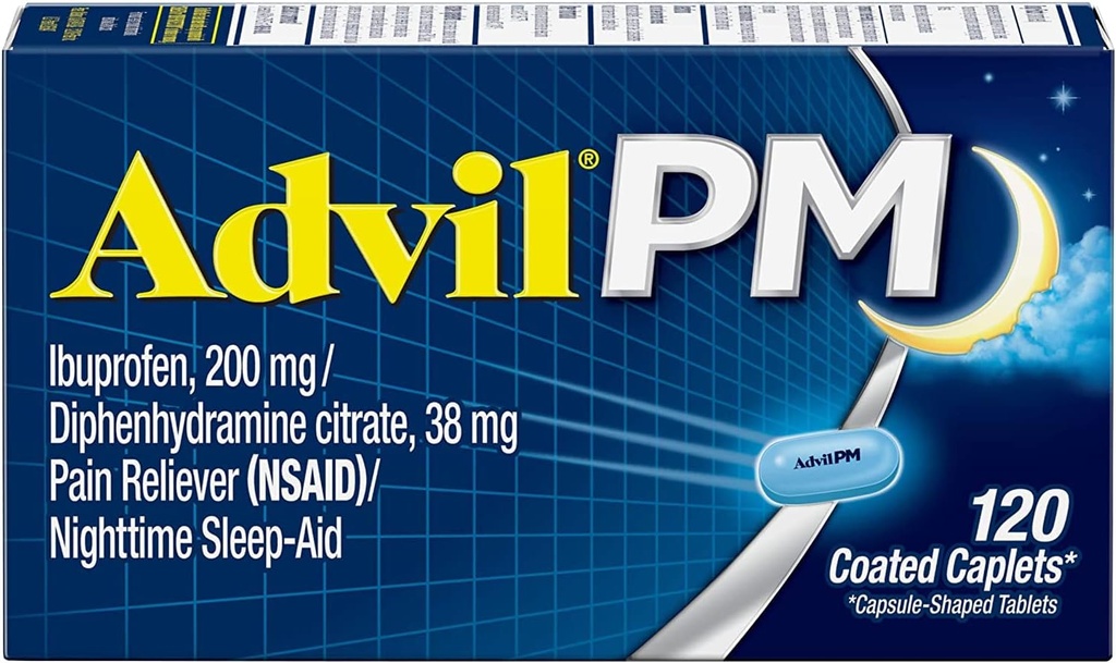 Advil PM (120 Conde) Dolor Reliever/Nighttime Sleep Aid Coated Caplet, 200mg Ibuprofen, 38mg Diphenhydramine (Pack of 2)
