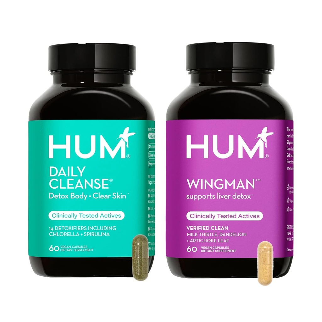 HUM Full Skin and Liver Health Supplement from Nutrition, Wingman and Daily Cleanse A Green Detox &amp; Milk Thistle for Skin Care Support and Liver Health, 2 Pack Bundle, 60 Vegan Capsules