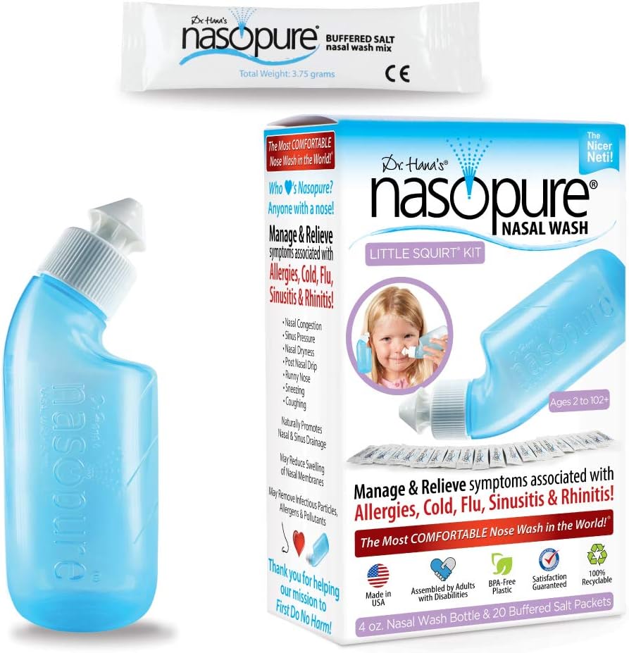 Nasopure Nasal Wash, Little Squirt Kit, “The Nicer Neti Pot” Sinus Wash Kit, Cómodo Nasal Rinse 4 Oz Bottle & 20 Salt Packets (3.75 Gr Cada), Nasal Congestión, frío, alergia, riego nasal