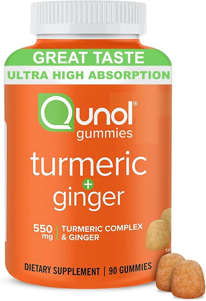 Qunol Turmeric y Ginger Gummies - Suplemento de Apoyo Conjunto con Ultra Alta Absorción, 90 Conde Vegan y Gluten Free Gummies