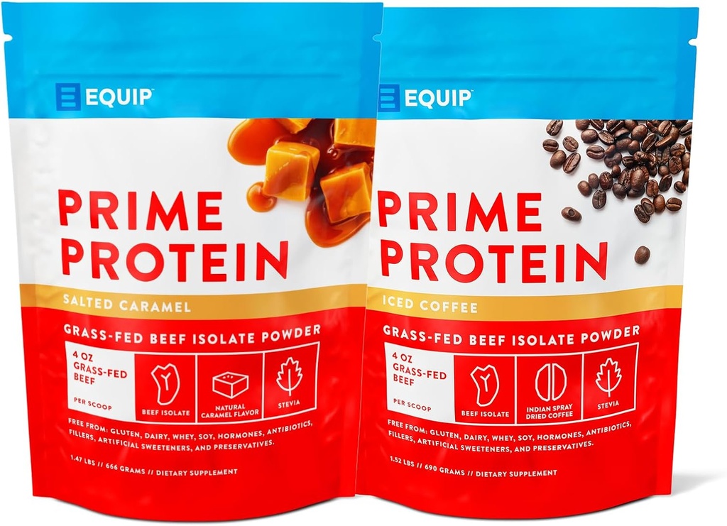Equip Foods Prime Protein Powder - Salted Caramel & Iced Coffee - Grass Fed Beef Protein Powder Isolate - Paleo y Keto Friendly, Gluten Free Carnivore Protein Powder - Helps Build and Repair Tisue