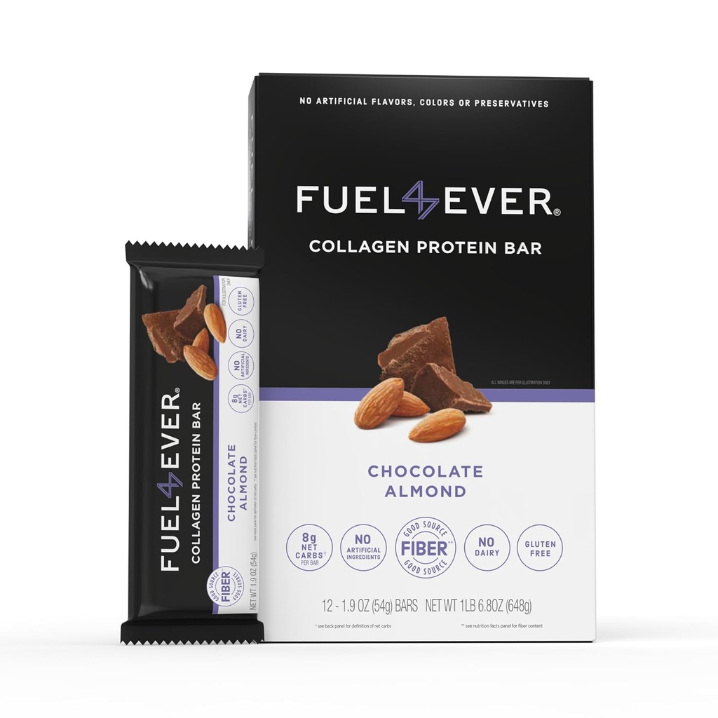 Fuel 4 Ever Collagen Protein Bars | 14G Protein, Gluten Free, Dairy Free, No Stevia or Artificial Ingredients Added, Sweetened with Honey | Chocolate Almond Flavor (Box of 12)