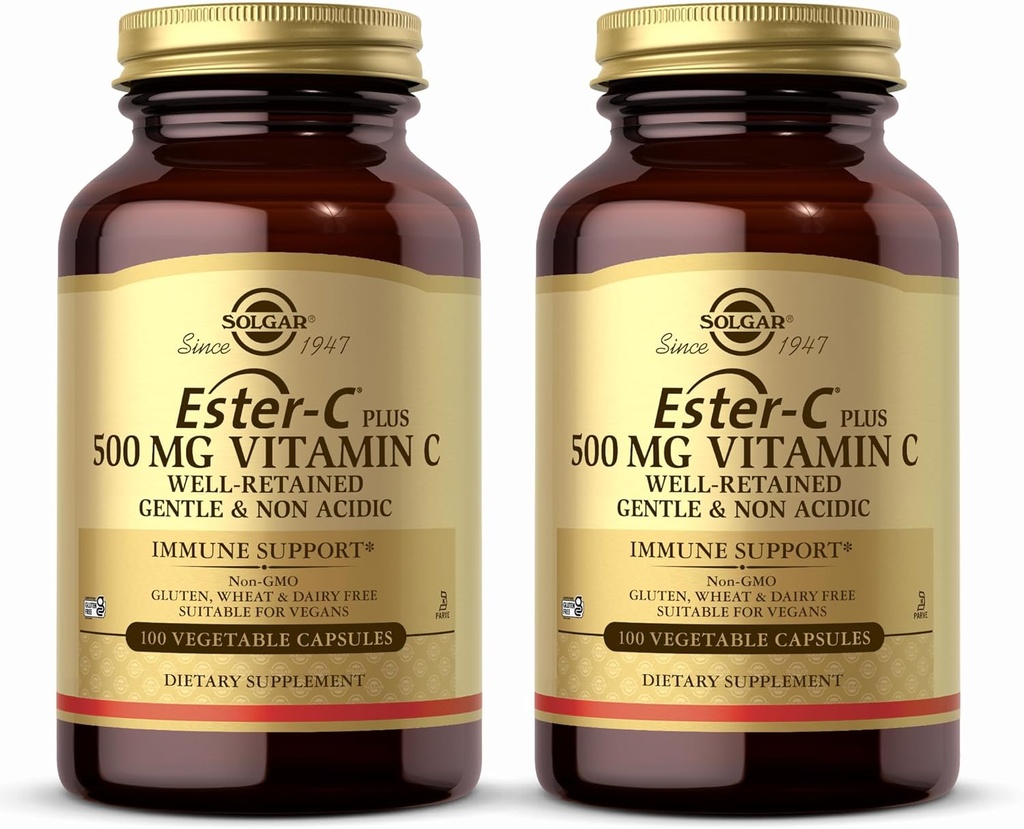 Solgar Ester-C Plus 500 mg Vitamina C (Complejo de Ascorbate) - 100 cápsulas vegetales, Pack de 2 - Antioxidante &amp; Apoyo a la Inmunidad - No GMO, Vegan, Gluten Gratis, Kosher - 200 Total de Actuaciones