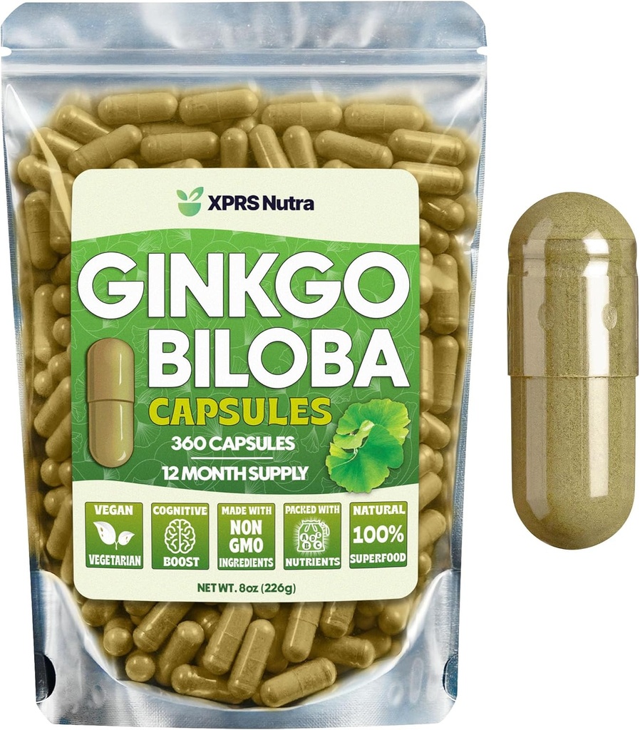 XPRS Nutra Ginkgo Biloba Capsules - Gingko Biloba Encapsulado Suplementos para la Cognición - Vegan Friendly Ginkoba Biloba - Immunity Boosting Ginkgo Biloba Capsules - 360 Conde