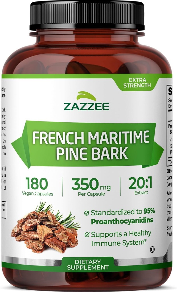Zazzee Extra Strength French Maritime Pine Bark 20:1 Extracto, 350 mg Por Capsule, 180 Vegan Capsules, 95% Proanthocyanidins, Kosher, 6 Month Supply, Standardized 20X Extract, Non-GMO, Made in The USA