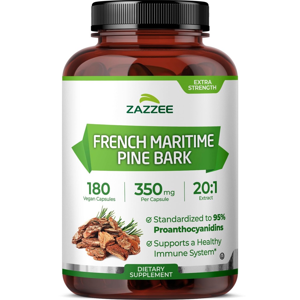 Zazzee Extra Strength French Maritime Pine Bark Extract 20:1, 350 mg Per Capsule, 95% Proanthocyanidins, 180 Vegan Capsules, 6 Month Supply, Certified Kosher, Antioxidant Support, Non-GMO, Made in USA