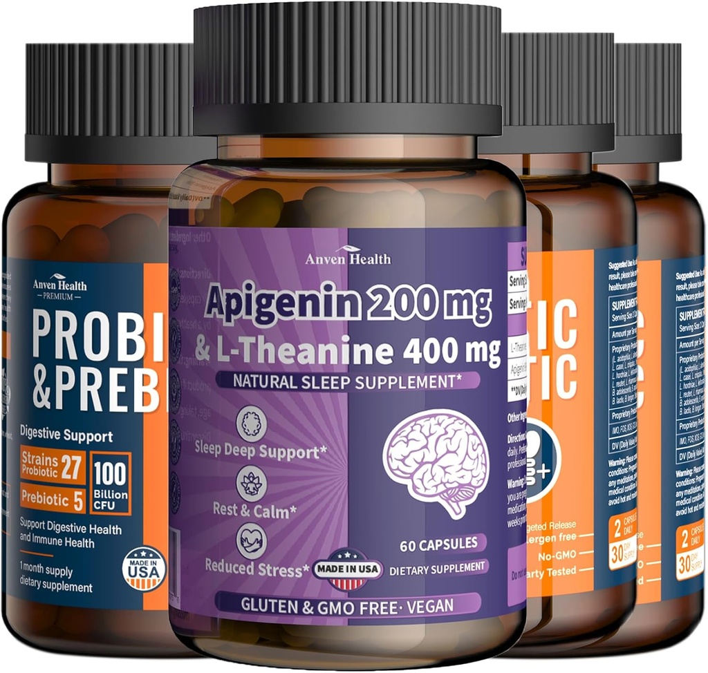 100 Probióticos de billón para Gut &amp; Immune Health, Apigenin 200mg con L-Theanine 400mg para Relajar &amp; Estrés Apoyo TEN 27 Strains, Vegan, Non-GMOMO180Caps + 60 Veggie Caps