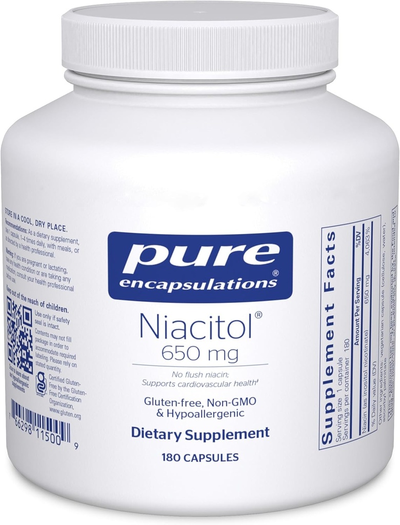 Encapsulaciones puras Niacitol 650 mg peru Hipoallergenic No-Flush Niacin para soportar la digestión, síntesis de hormonas y formación de tejidos TEN 180 cápsulas