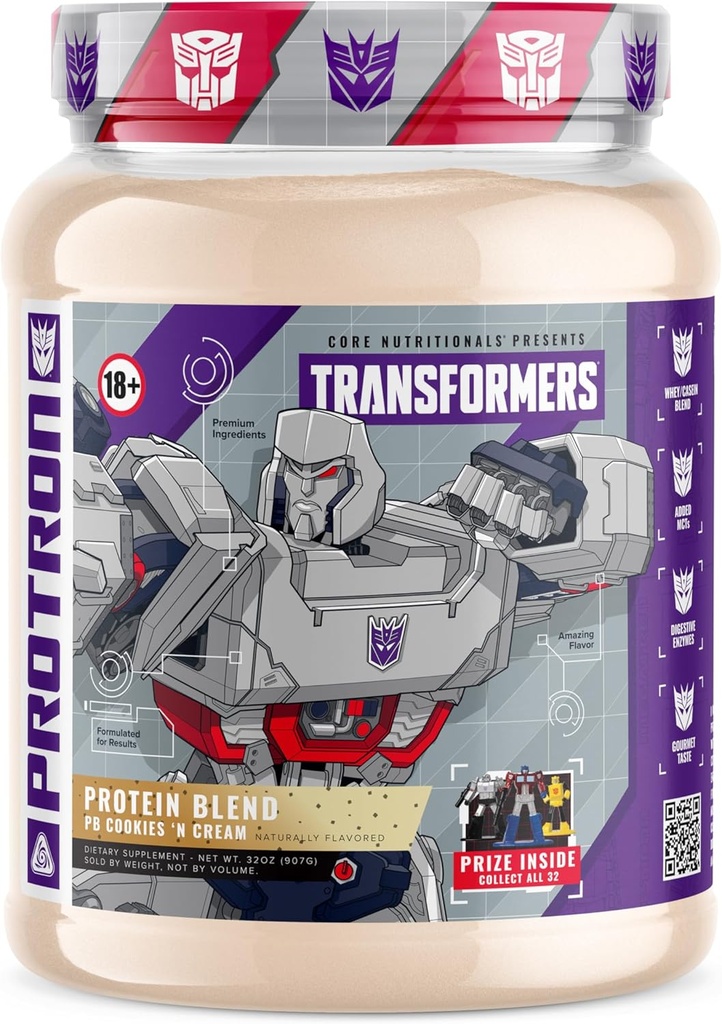 Core Nutritionals Transformers Protron Protein ← Whey + Casein Blend ← Enzymes Digestivos ← 25g Protein ← Premio Gratis Dentro - Megatron ← 2 Libra (PB Cookie 'N Cream)