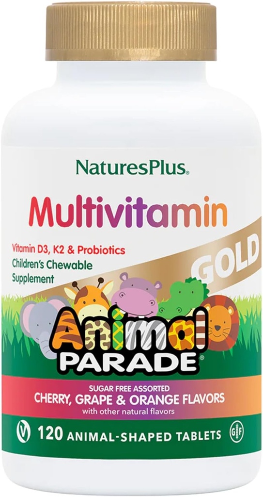 NaturesPlus Animal Parade Gold Children's Multivitamin - Cereza surtida, Orange &amp; Grape Flavors - 120 Animal-Shaped Chewable Tablets, Pack de 4 - Vegan, Gluten Gratis - 240 Total Servings