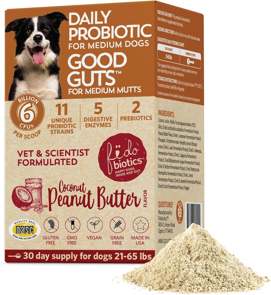 Fidobióticos Buena Guts for Medium Mutts Probiotic for Dogs, 6 Billion CFUs, 11 Strains, 5 Digestive Enzymes, 2 Prebiotics, Digestive Gut Health for Dogs, Adult &amp; Puppy Probiotics Supplements (30 Days)