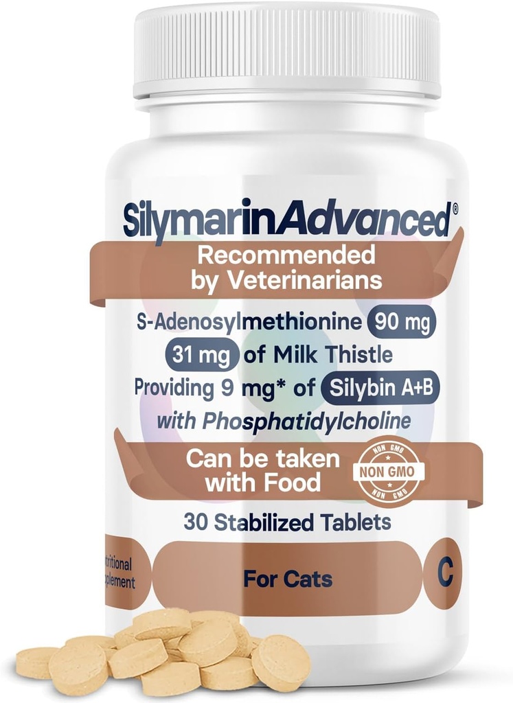 Suplemento de salud para gatos - Cartel de leche para gatos Soporte para hígado con S-Adenosilmetionina (Same) " Silybin - 30 Tablets