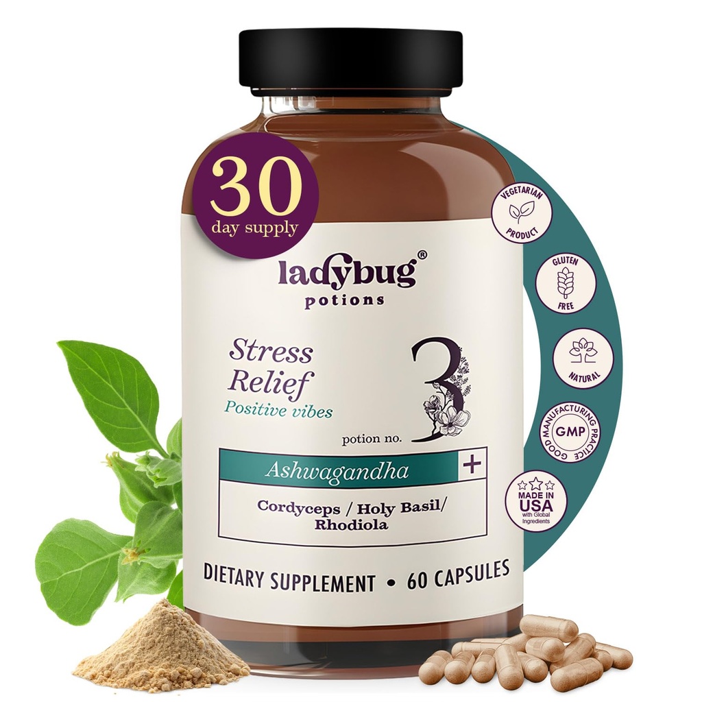Píldoras ecológicas - 60 cápsulas Suplementos orgánicos de Ashwagandha para Mujeres y Hombres, Cápsulas de raíz de Ashwagandha con Cordyceps, Basil Santo & Rhodiola, Reducir el estrés, Boost Mood y Función Cognitiva