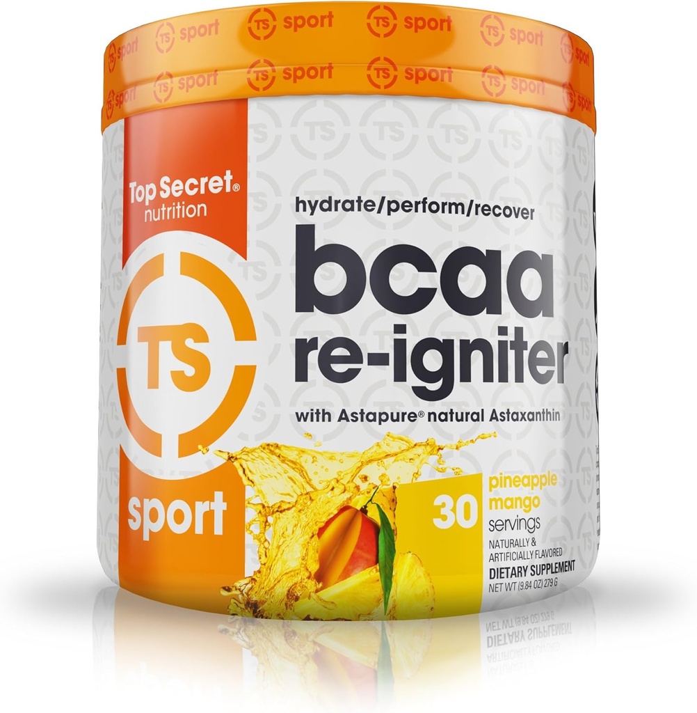 Top Secret Nutrition BCAA Re-Igniter Vegan Amino Acid Suplemento con Astaxanthin y Electrolyte, Hydration Blend con agua de coco, 9,84 oz (30 porciones), Pineapple Mango