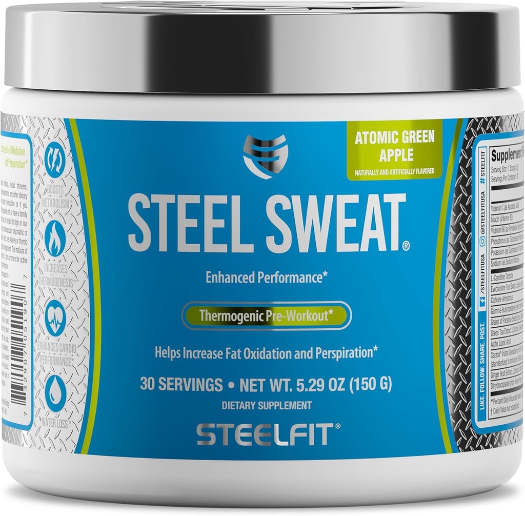 SteelFit Steel Sweat Fat-Burning Pre Workout ¦ Boost Metabolism, Incrementar Energía, Burn Fat & Calories TEN Green Apple, 30 Servimientos