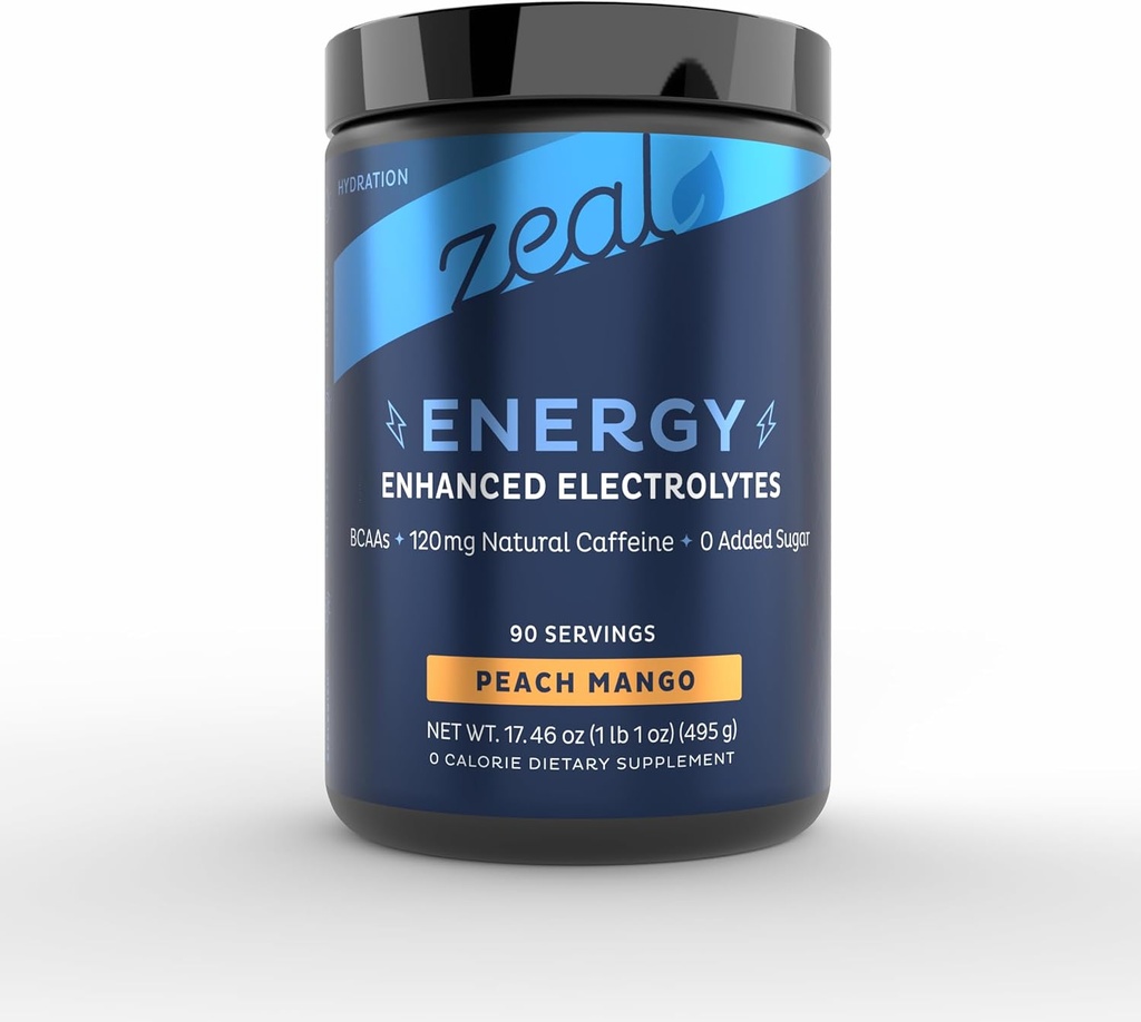 Zeal Naturals Pre-Workout Electrolyte + Energy Powder Drink Mix (90 Servings ← Peach Mango)