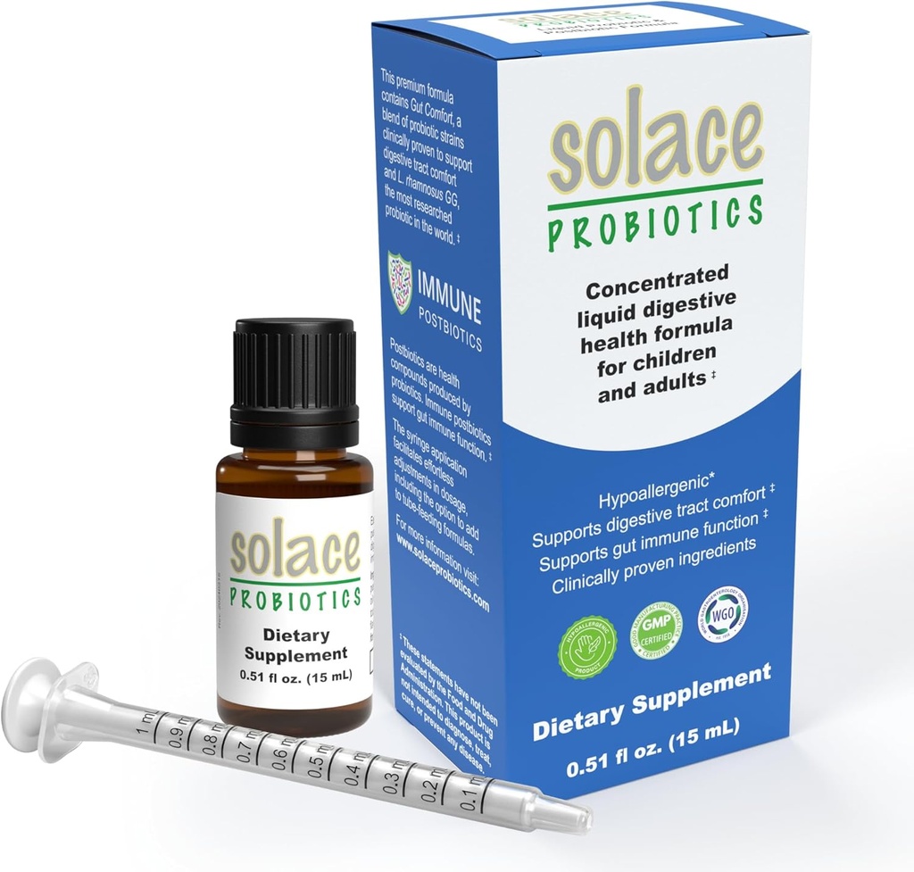 Solace Probióticos Fórmula Líquida para Adultos y Niños - Concentrado Blend for Digestive Health and Immunity, Investigación Clínica, Aplicación de Syringe Fácil, Hipoalergénico - 15mL