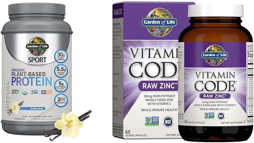 Garden of Life Organic Vegan Sport Protein Powder, Vanilla - Probiotics, BCAAs, 30g Plant Protein & Zinc Supplements 30mg High Potency Raw Zinc and Vitamin C Multimineral Supplement