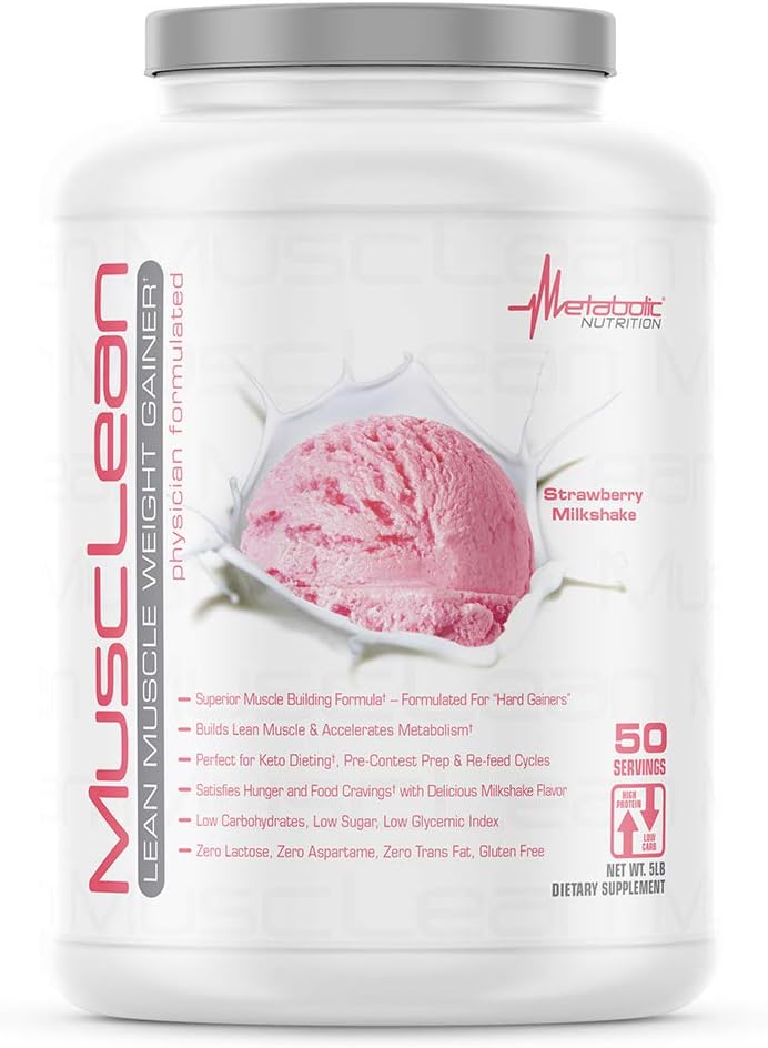 Nutrición metabólica - Musclean - Milkshake, Whey High Protein Meal Replacement, Mantenimiento Nutrición, Baja Carb, Keto Diet, Enzimas digestivas, Fresa, 5 libras (50 ser)