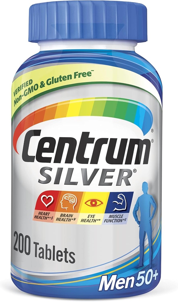 Centrum Silver Multivitamin for Men 50 Plus, Multivitamin/Multimineral Suplemento con vitamina D3, B Vitaminas y zinc, Gluten Free, No GMO Ingredientes - 200 Condes