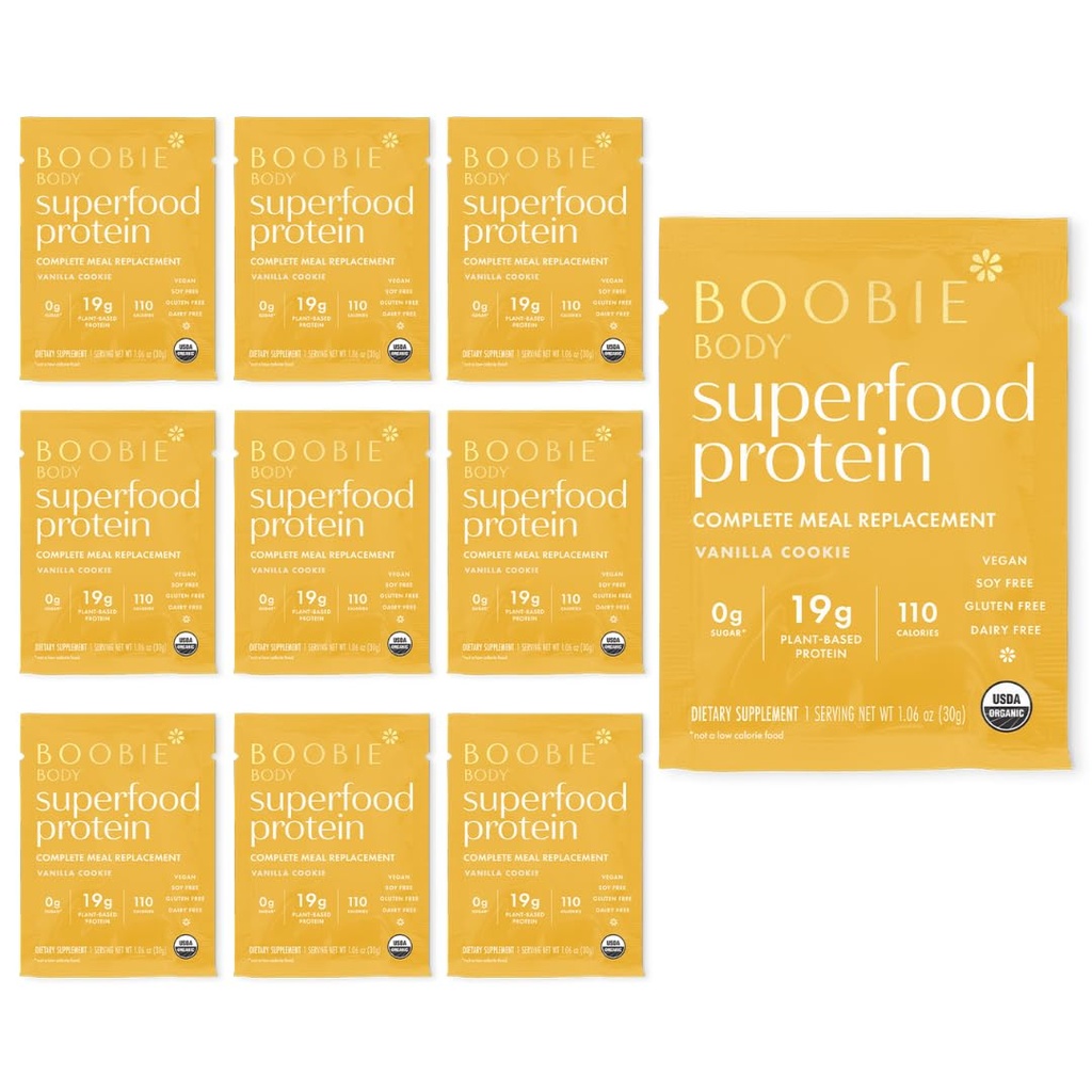 Boobie Body Superfood Protein Shake for Moms, Pregnancy and Lactation Support Protein Powder to Increase Milk Supply, Probiotics, Organic, Dairy-Free, Gluten-Free Vegan Vanilla Cookie Single Srv 10pk