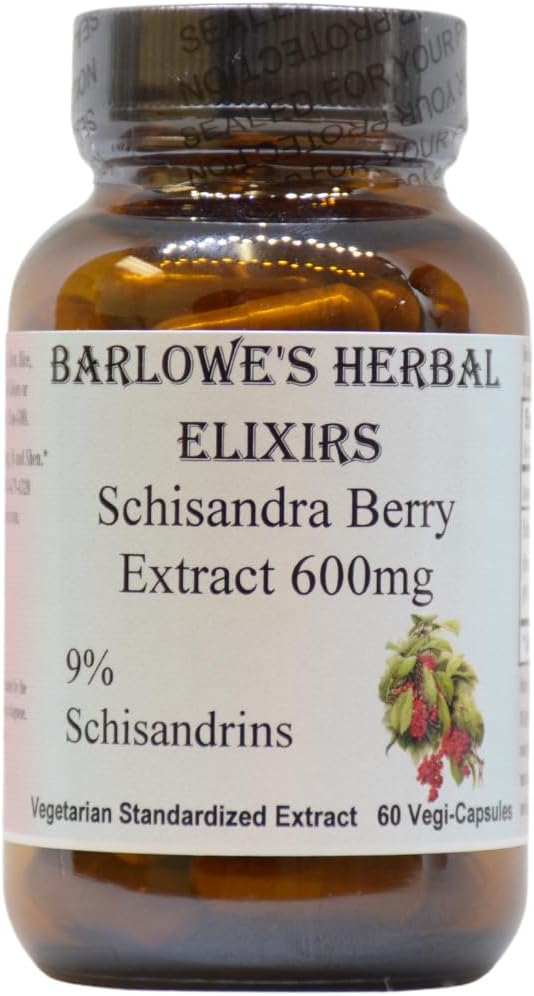 Barlowe's Herbal Elixirs Schisandra Berry ← Extract TEN 9% Schisandrins TEN 600mg per Capsule ANTE 60 Veggie Capsules ← Non-GMO TEN Stearate Free ANTE Glass Bottle