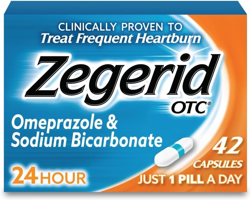 Zegerid OTC, 24-Hour Heartburn Relief, Acid Reflux Medicine and Antacid, Treats Frequent Heartburn, Omeprazole 20mg + Sodium Bicarbonate, Proton Pump Inhibitor (PPI), 42 cápsulas