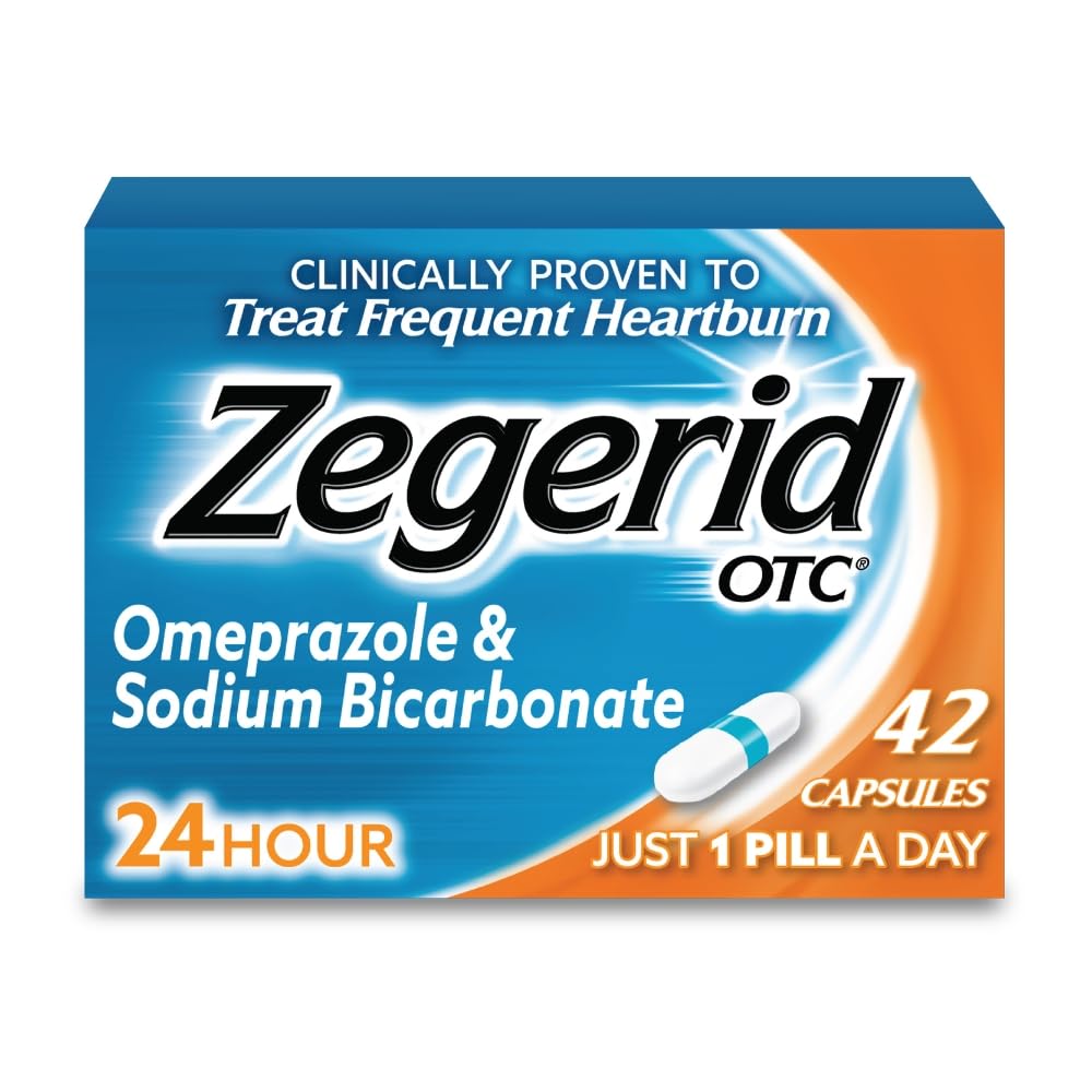 Zegerid OTC, 24-Hour Heartburn Relief, Acid Reflux Medicine and Antacid, Treats Frequent Heartburn, Omeprazole 20mg + Sodium Bicarbonate, Proton Pump Inhibitor (PPI), 42 cápsulas