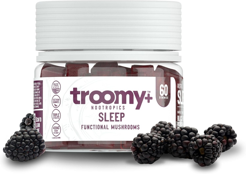 Troomy Sleep Reishi + Melatonin Great Tasting Mushroom Gummies - Soportes Descanso sueño > Disminución en estrés - Black Raspberry - 60 Conde