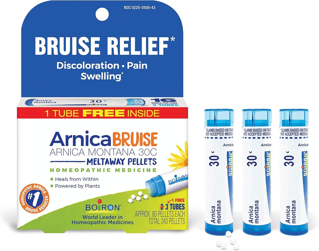 Boiron Arnica Bruise - Arnica Montana 30c para el alivio del dolor, la hinchazón y la decoloración de Bruises - 3 Conde (240 Pellets)