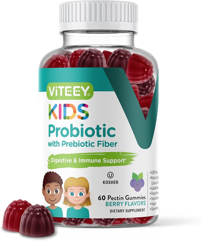 Viteey Probiotic Gummies for Kids Plus Prebiotics Fiber - 2 Billion CFUs - Digestive Health,Gut Health, Constipation Relief for Kids Support - Vegan, Gelatin Free - Chewable Probiotic Berry Flavored