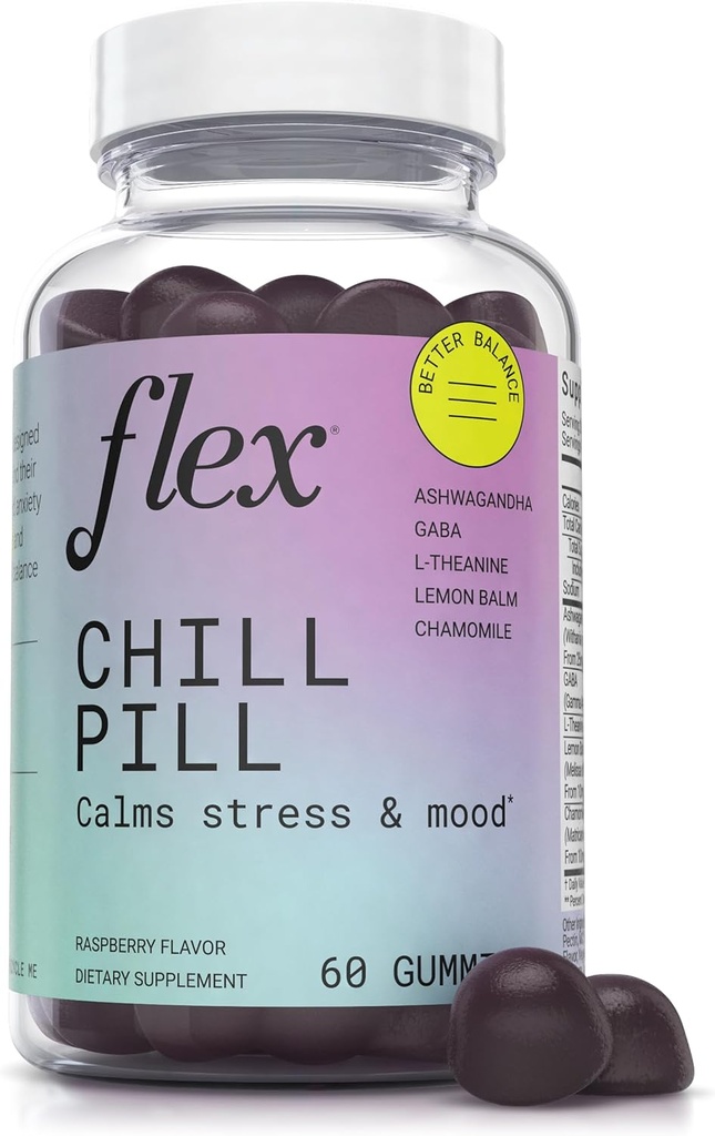 Píldora de Píldoras FLEX - Equilibrio - Ayudas a Relajar - Ashwagandha - L-Theanine - GABA - Chamomile - Lemon Balm - Berry Flavor - Vegan-Friendly - Gluten-Free - 60 Gummies (Chill Pill)