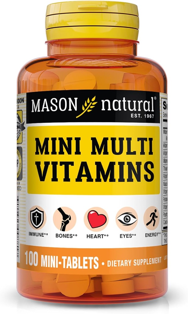 MASON NATURAL Mini Multi Vitaminas, Vitaminas A, C, D3, E, B1, B2, B3, B6, B12, Folato y Calcio para la salud general, 100 Day Supply