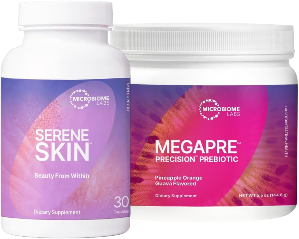 Microbiome Labs Skin Support Bundle - SereneSkin Clear Skin Probiotic Supplement Shown to Help Reduce Fine Lines (30 Capsules) - MegaPrebiotic Powder for Gut Health (2.1oz)