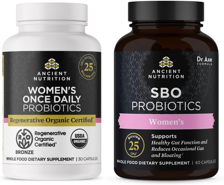 Ancient Nutrition Regenerative Organic Certified Probiotics, Women's Once Daily, 30 Count + SBO Probiotics, Women's, 60 Count