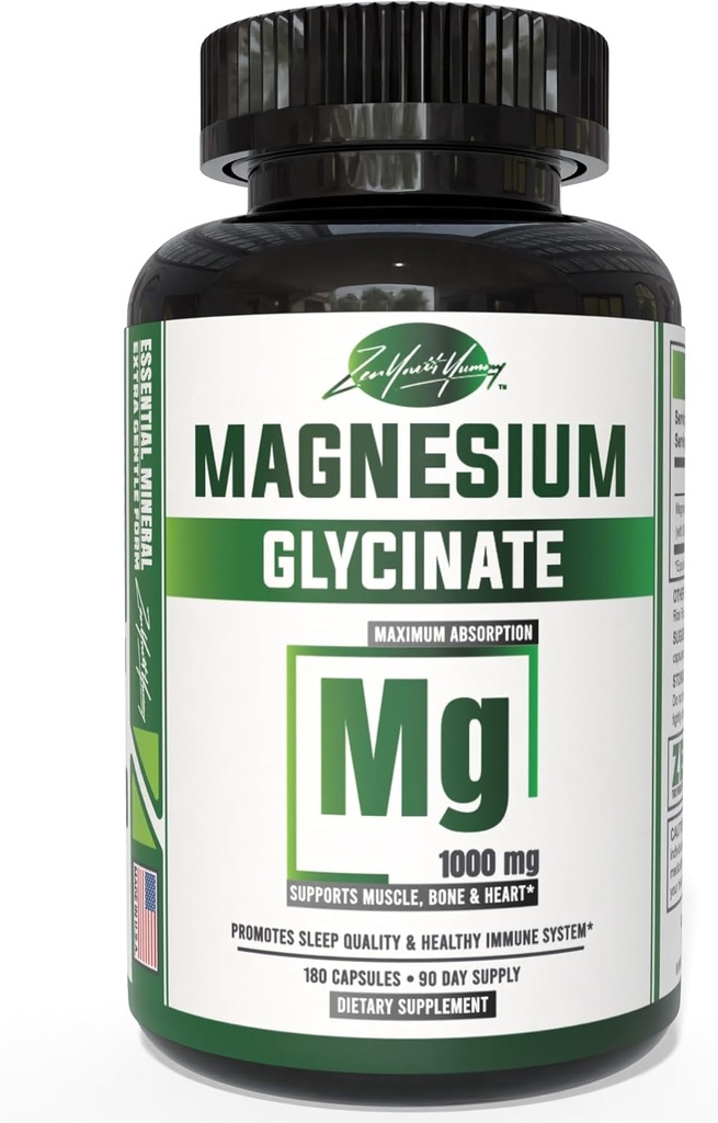 ZYY Pure Magnesium Glycinate Capsules 1000mg Máxima Fuerza, Chelated for High Absorption Magnesium Supplement for Sleep, Muscle, Brain, Bone and Heart Health, 3rd Party Tested, 180 Capsules