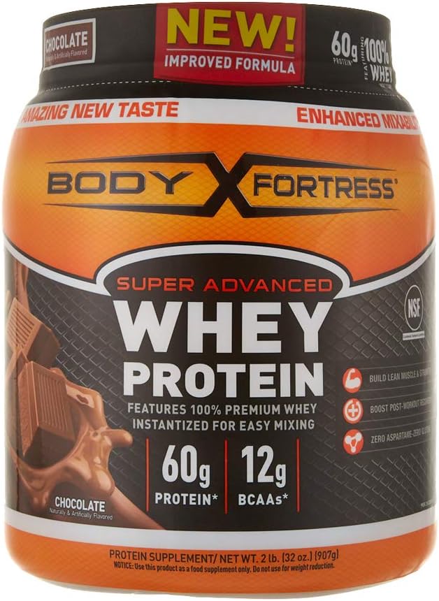 Body Fortress Super Advanced Whey Protein Powder, Chocolate Flavored, Gluten Free, 2 Lb