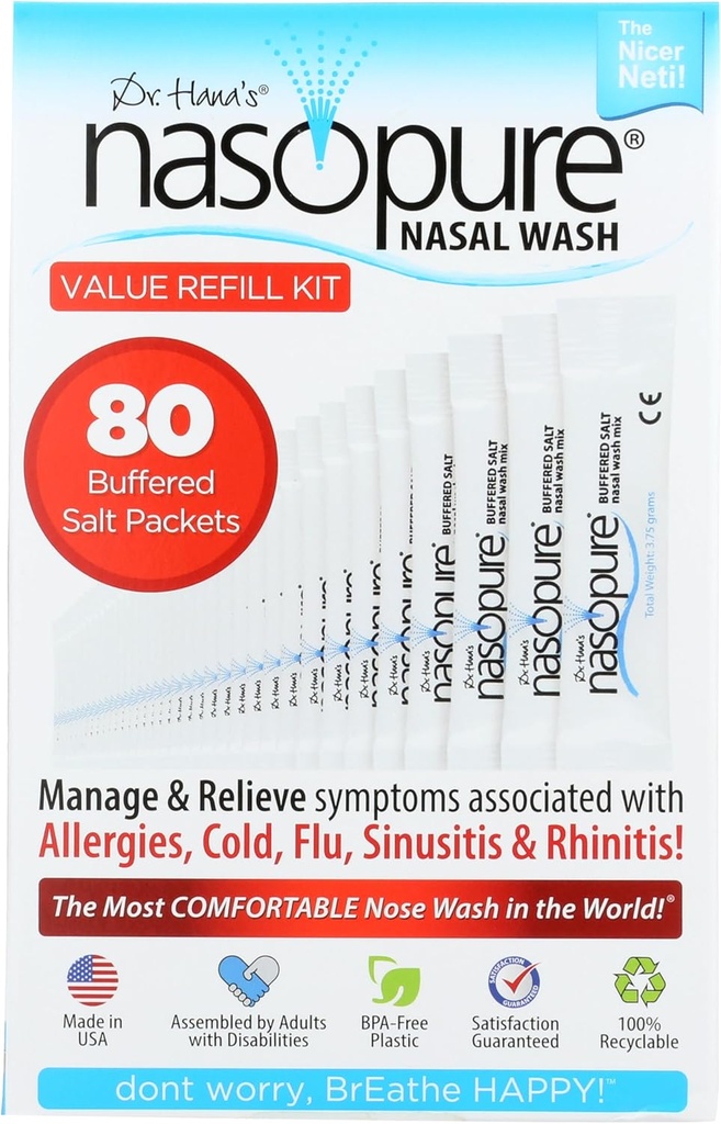 Nasopure Nasal Wash, kit de recarga de valor, “The Nicer Neti Pot” Sinus Wash Kit, Cómodo Nasal Rinse 80 Sal Packets (3.75 Gramos Cada), Congestión nasal, frío, gripe, alergia, sistema de riego nasal
