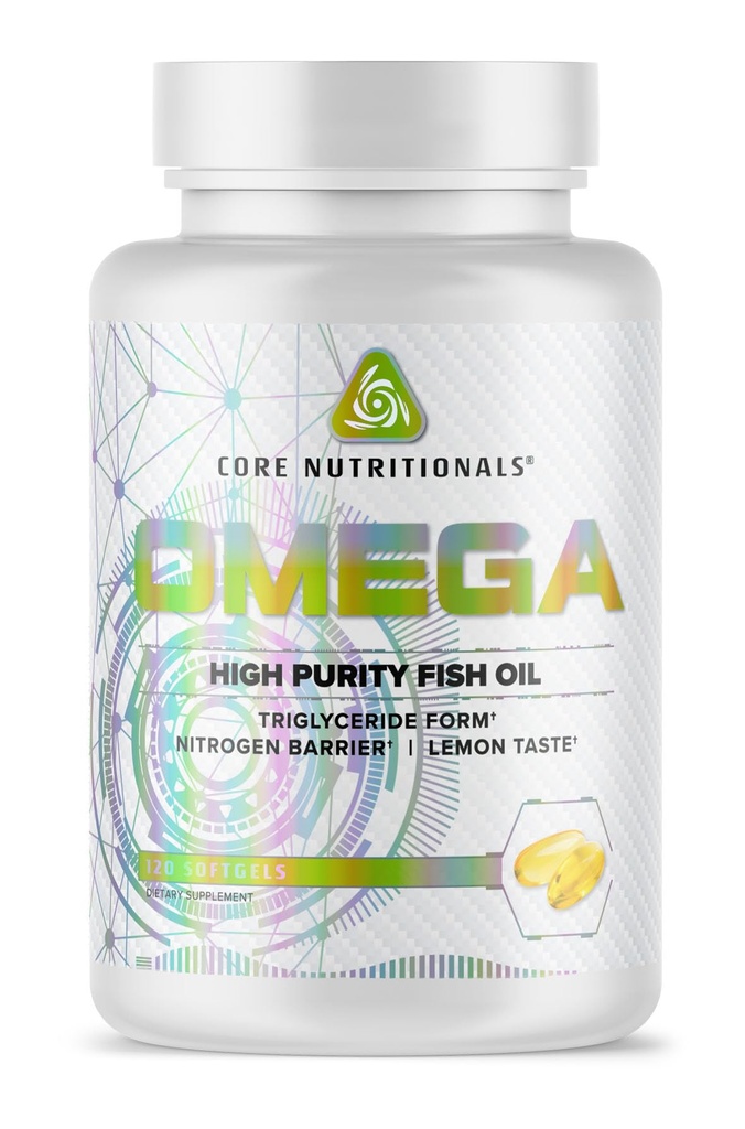Nutriciones básicas Omega de alta pureza Fish Oil ← Triglyceride Form EPA & DHA  1300mg Omega-3s ← Cerebro " Heart Health Support Silencio Lemon Taste ← 120 Softgels