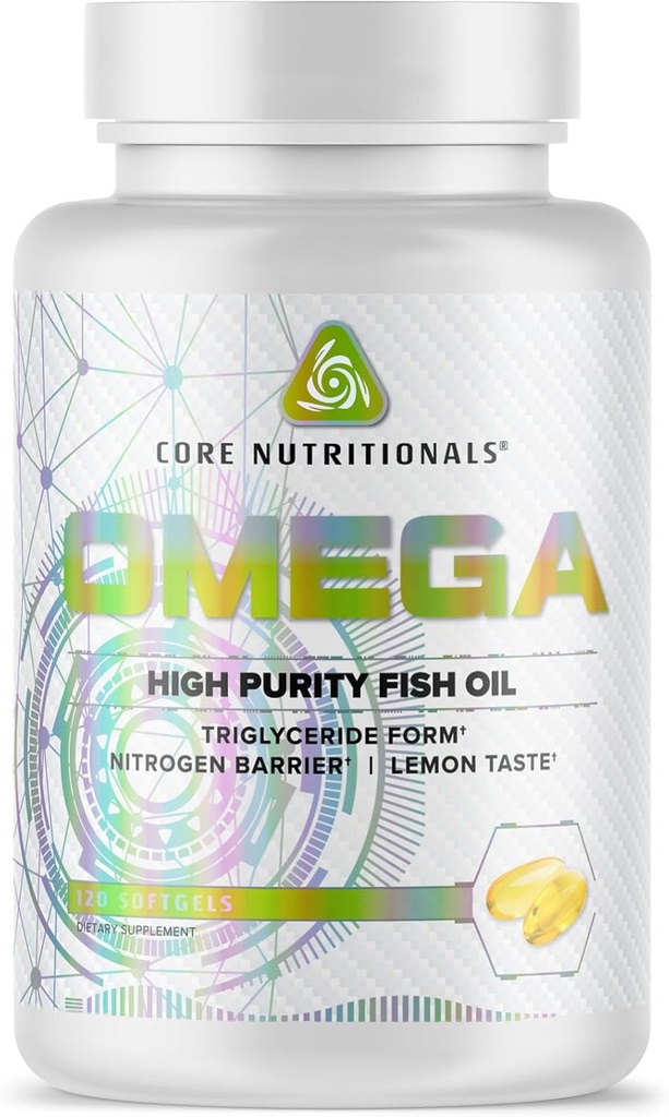 Nutriciones básicas Omega de alta pureza Fish Oil ← Triglyceride Form EPA & DHA  1300mg Omega-3s ← Cerebro " Heart Health Support Silencio Lemon Taste ← 120 Softgels