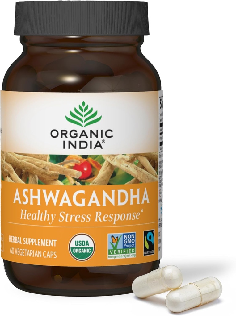 ORGANIC INDIA Cápsulas de Ashwagandha - Suplemento de Ashwagandha orgánica - Gorra de Ashwagandha Vegan, libre de gluten, Kosher, no GMO, soporta alivio de estrés, energía y sueño - 60 cápsulas