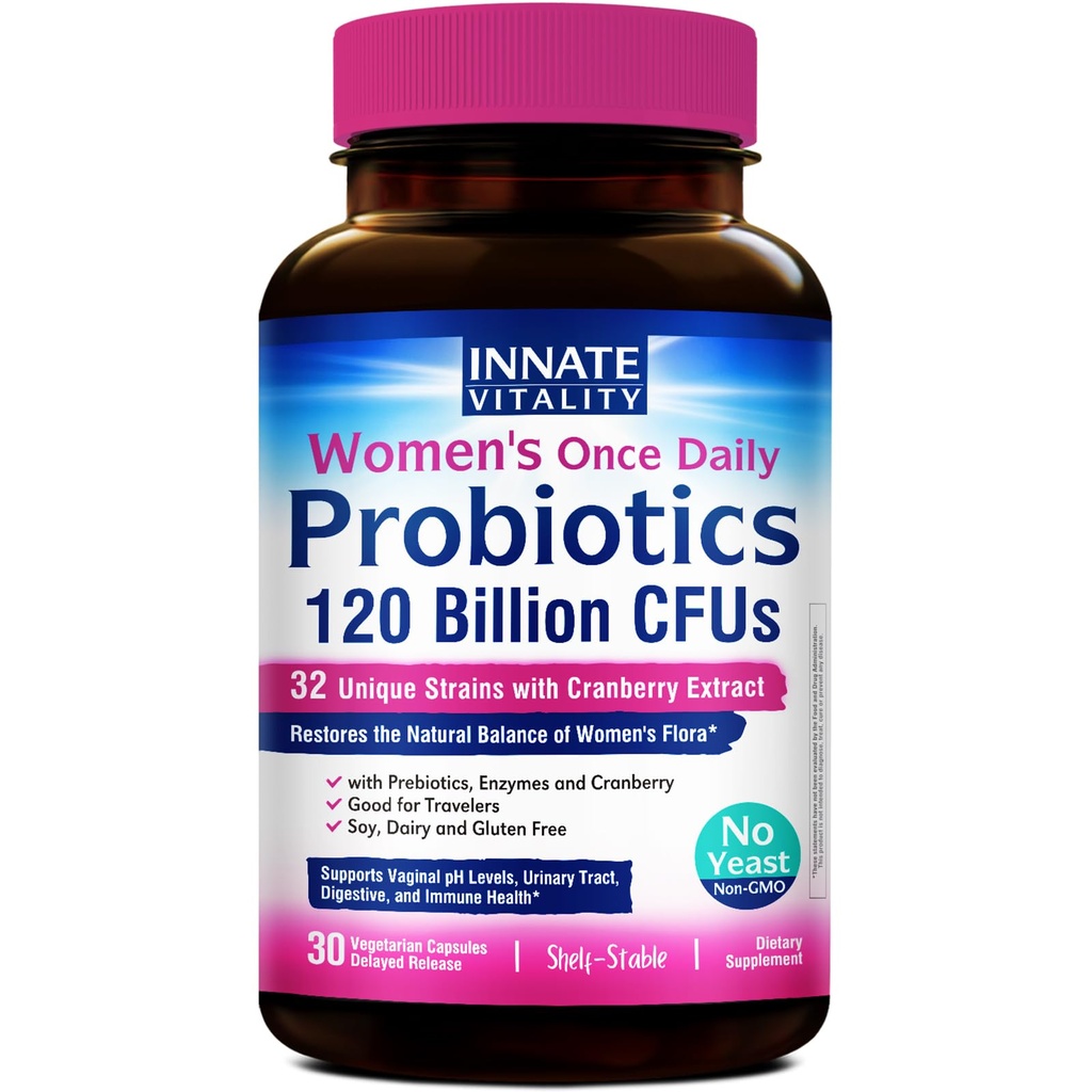 Probióticos femeninos innatos, 120 millones de francos CFU, 32 Strains probados, Probióticos para mujeres, Control de levaduras, Soporte de pH vaginal, Prebióticos, Enzimas digestivas, arándano, una vez diaria 30 cápsulas de verduras